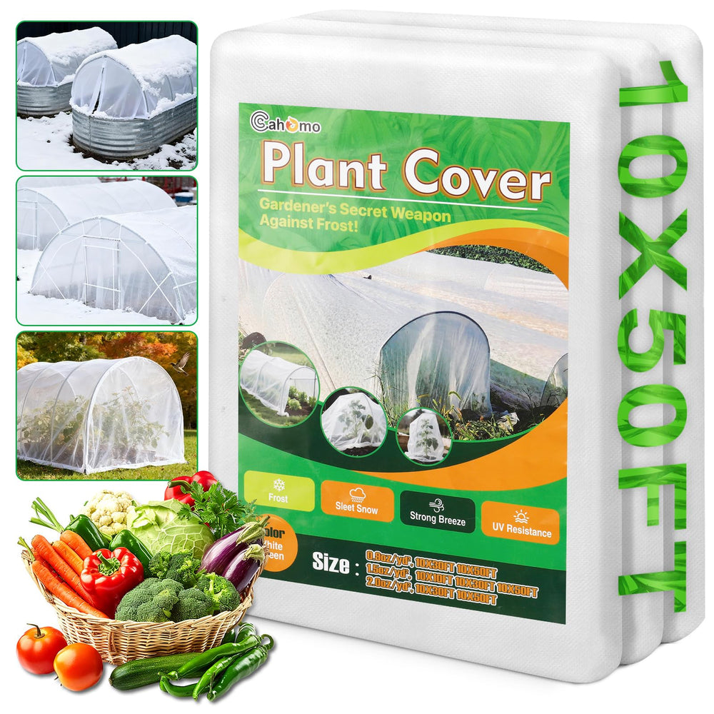 Cahomo front view of rolled white plant cover showing product size and label benefit