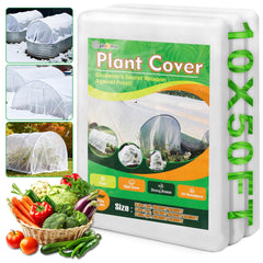 Cahomo front view of rolled white plant cover showing product size and label benefit