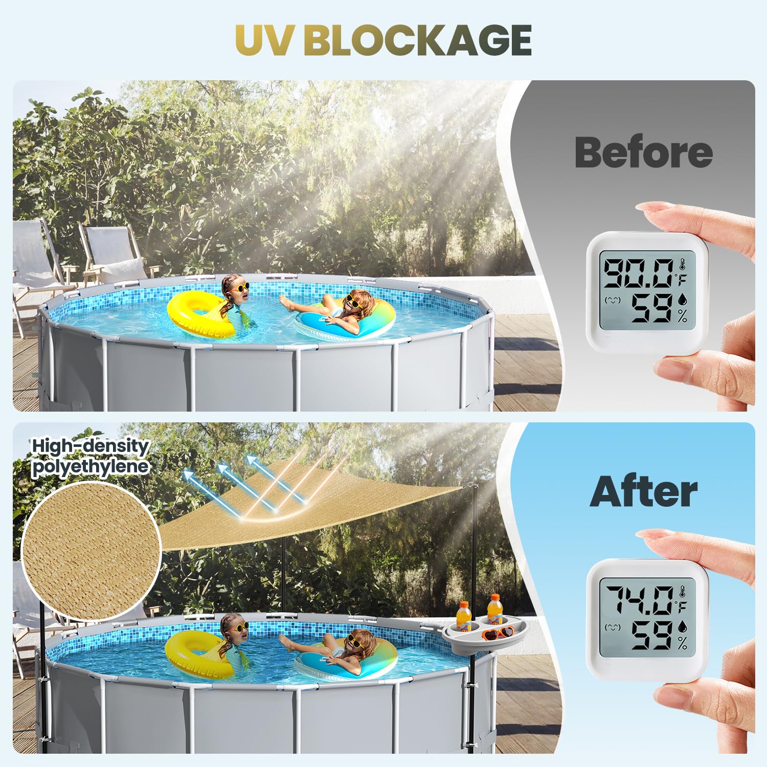 Calanofin storage tray on pool rail with drinks and phone within easy reach