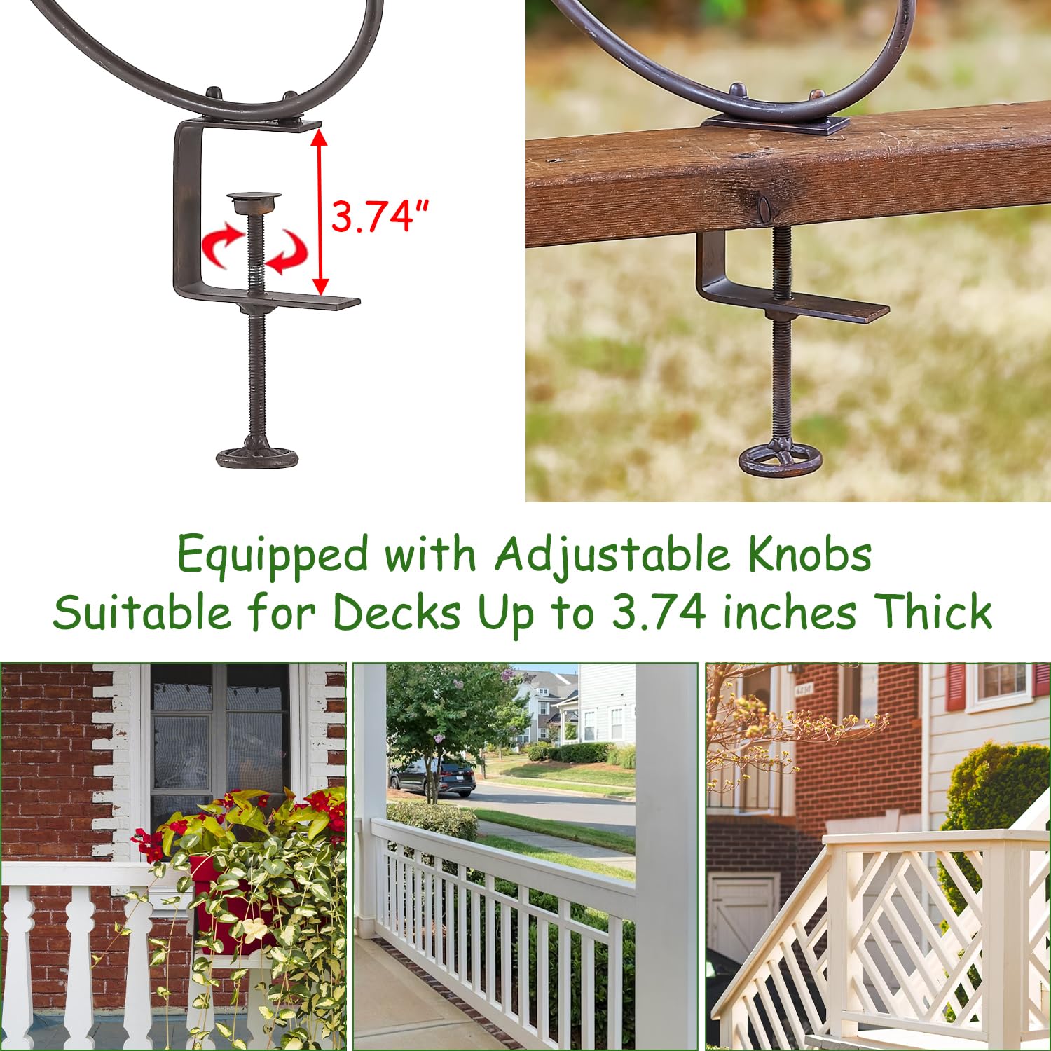 CaliDecor clamp attached to railing, demonstrates secure mounting and stability