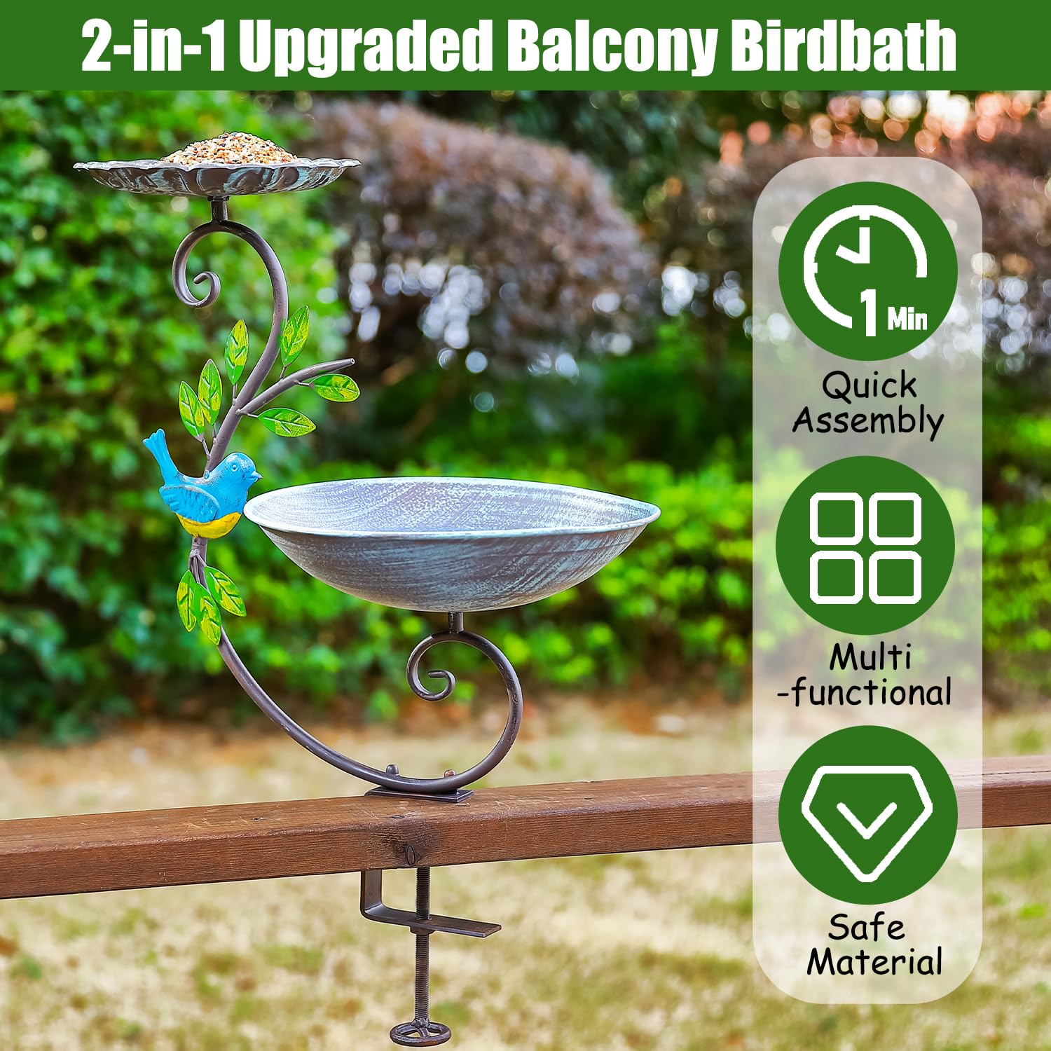CaliDecor with birds perched using bath and feeder, illustrates inviting habitat