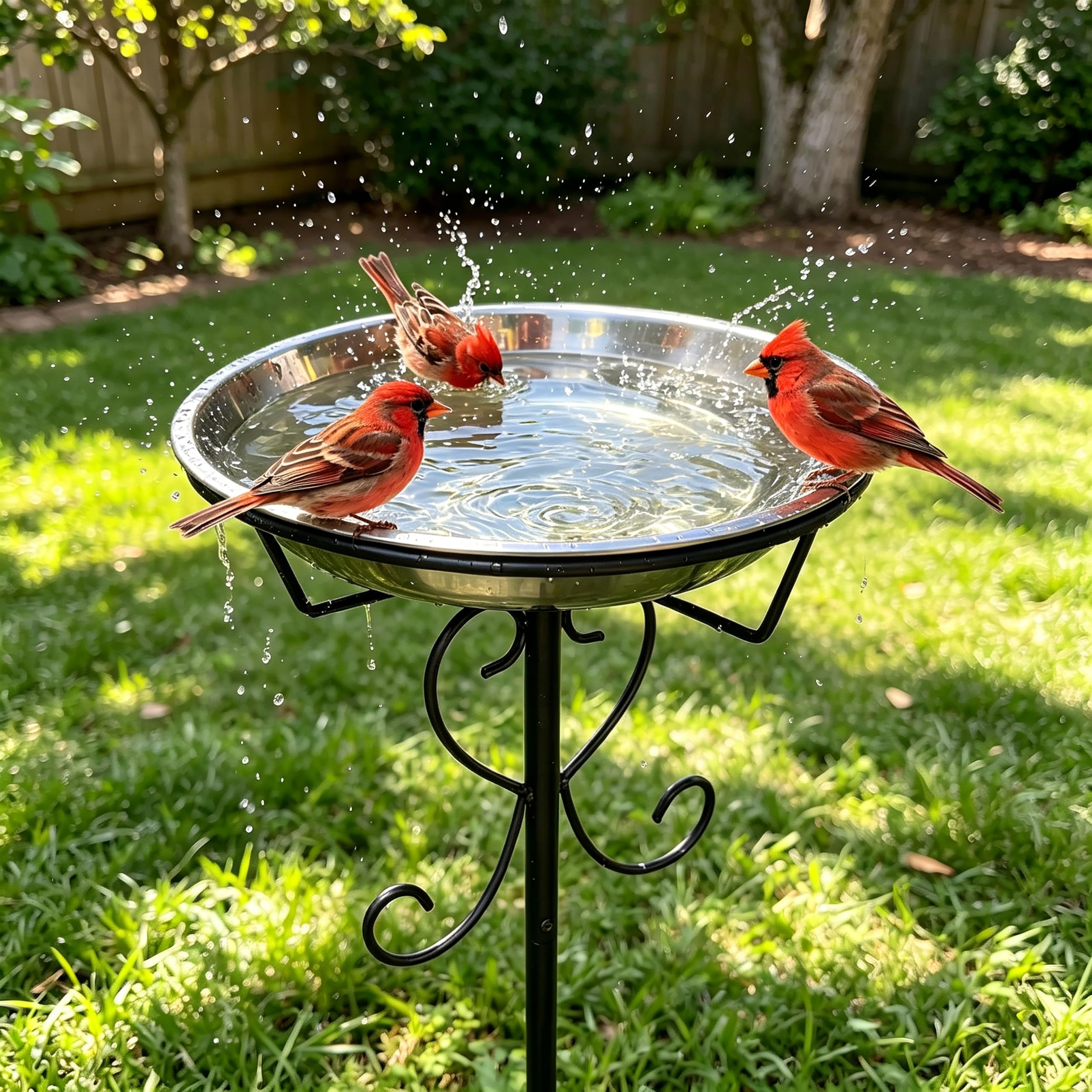 CALIDOLA front view of full bird bath showing bowl and black stand, attractive garden accent