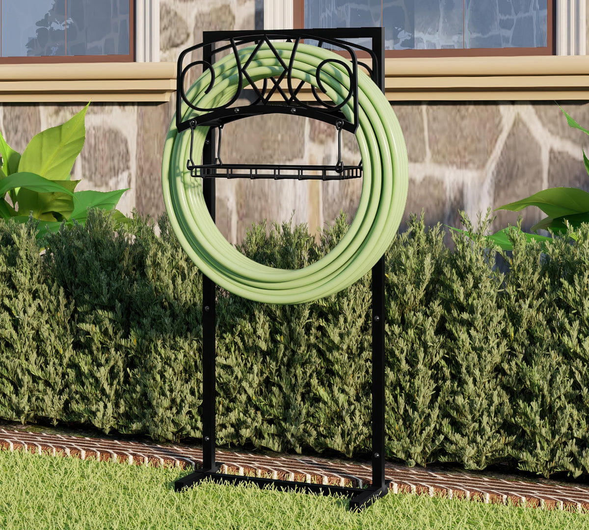 CALIDOLA front view of freestanding hose organizer showing stable base and basket benefit