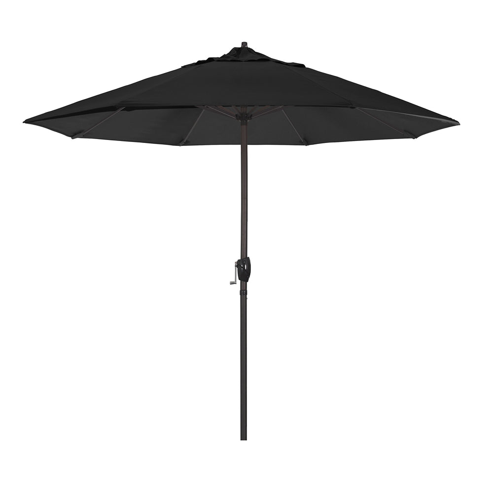 California Umbrella front view showing full 9-foot canopy and bronze pole, delivers reliable patio shade