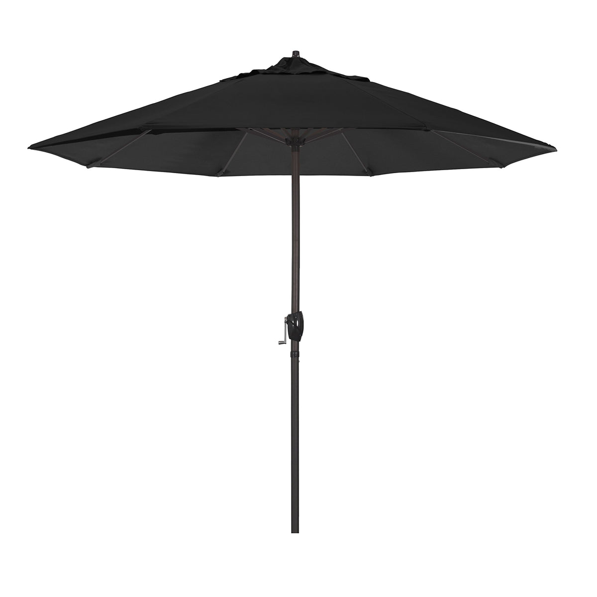 California Umbrella front view showing full 9-foot canopy and bronze pole, delivers reliable patio shade