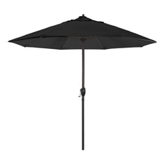California Umbrella front view showing full 9-foot canopy and bronze pole, delivers reliable patio shade