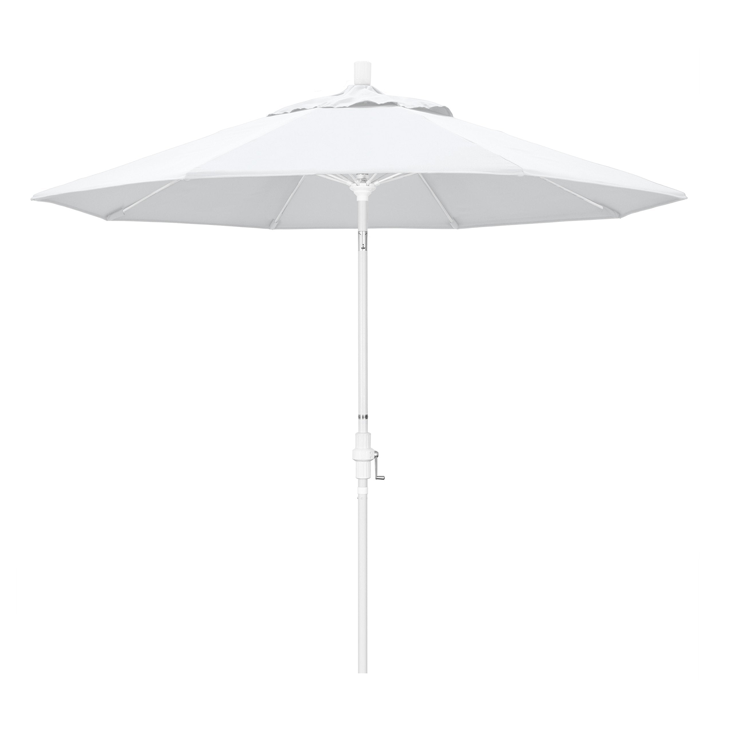 California Umbrella 9-foot front view showing full white Olefin canopy and clean lines for reliable shade
