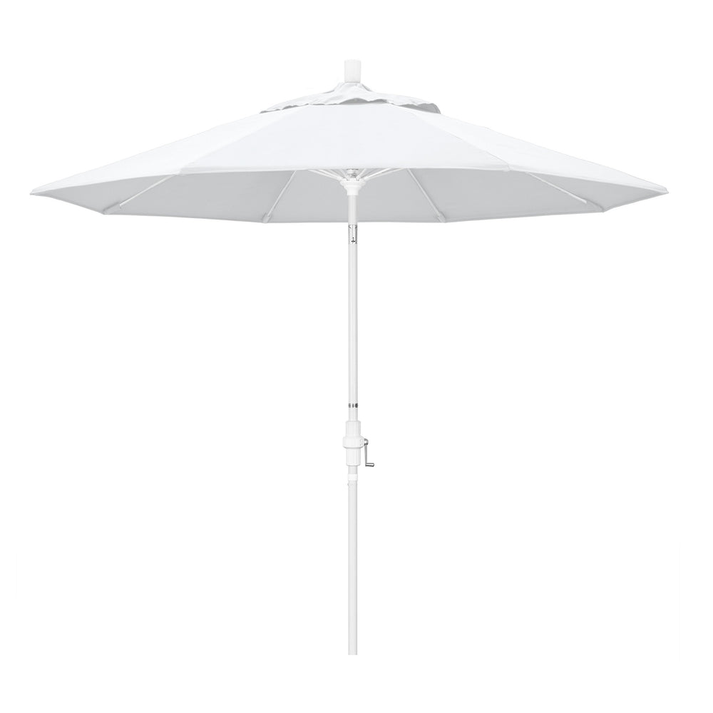California Umbrella 9-foot front view showing full white Olefin canopy and clean lines for reliable shade