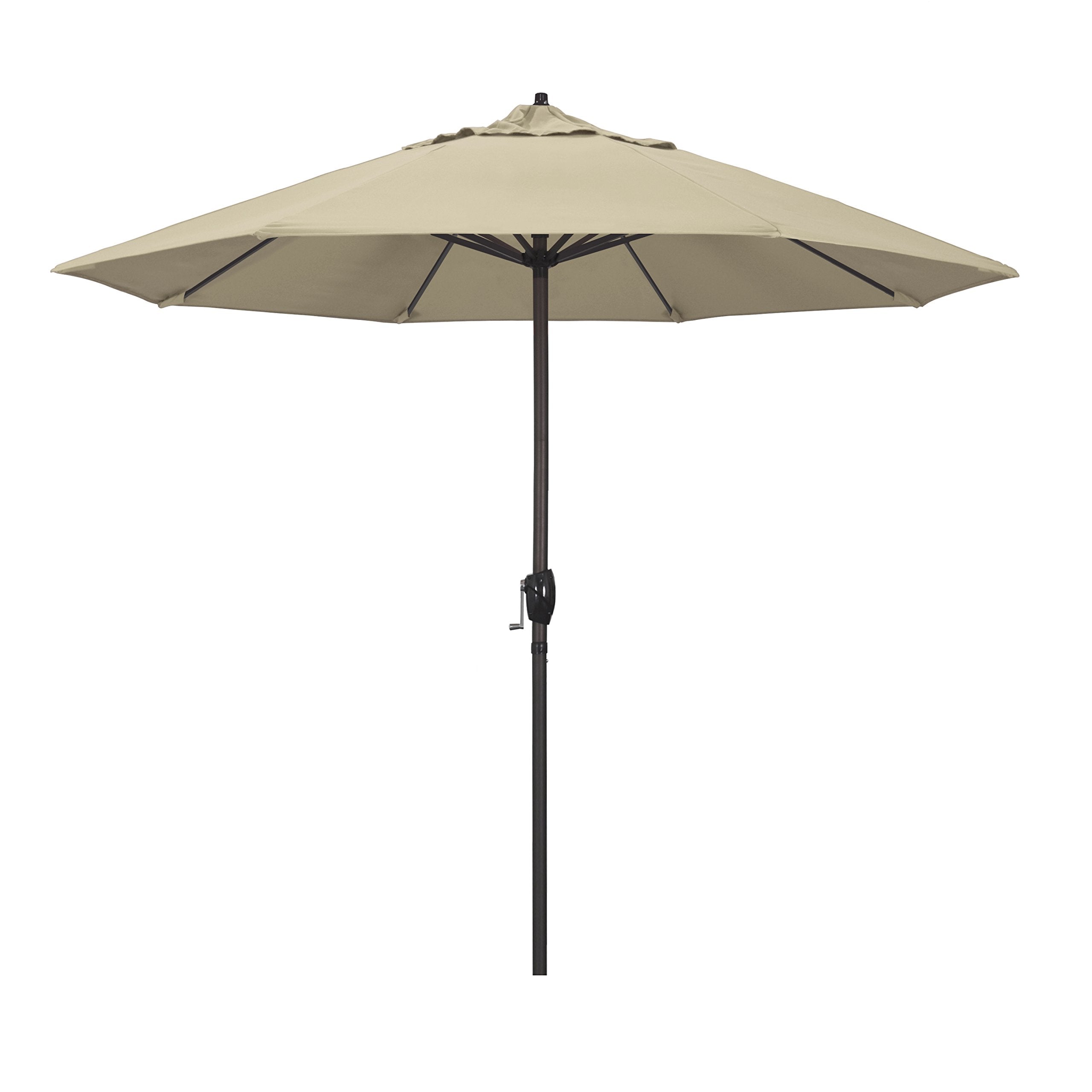 California Umbrella front view showing 9-ft Sunbrella canopy and bronze pole, durable shade