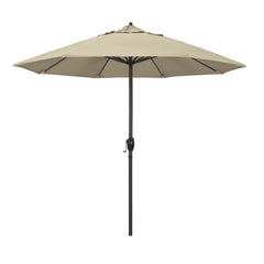 California Umbrella front view showing 9-ft Sunbrella canopy and bronze pole, durable shade