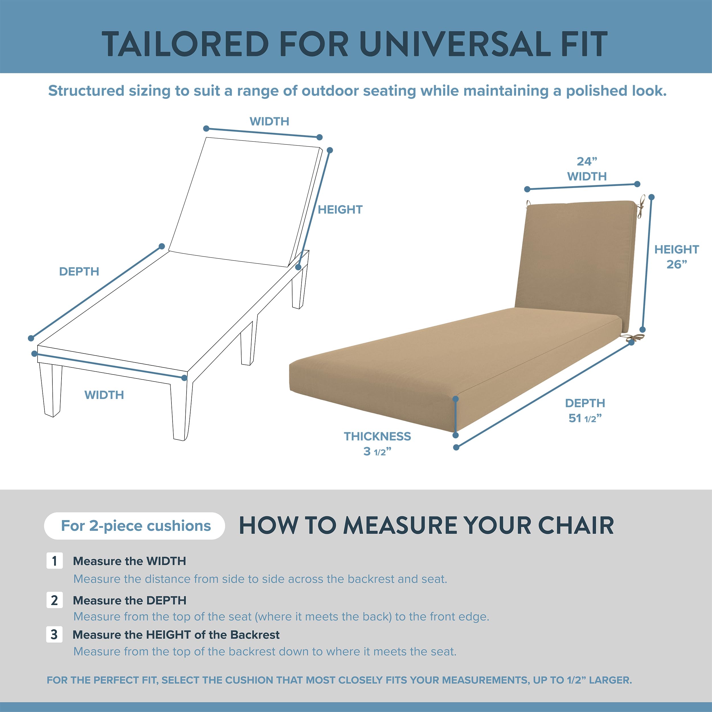 California Umbrella cushion beside ruler showing 24x78 size and thickness for proper fit confirmation