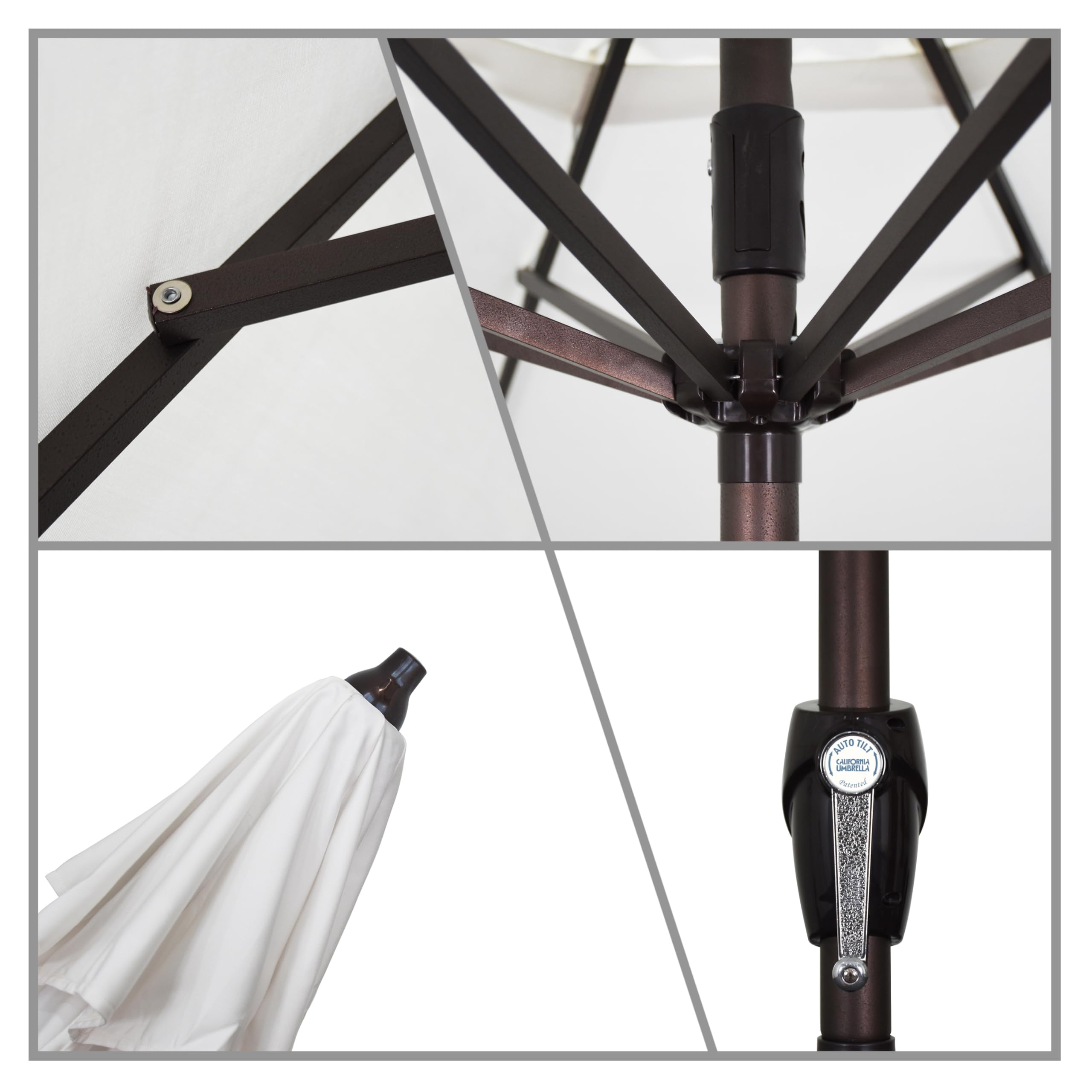 California Umbrella crank and auto-tilt detail demonstrating easy one-handed adjustment benefit