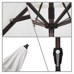 California Umbrella crank and auto-tilt detail demonstrating easy one-handed adjustment benefit