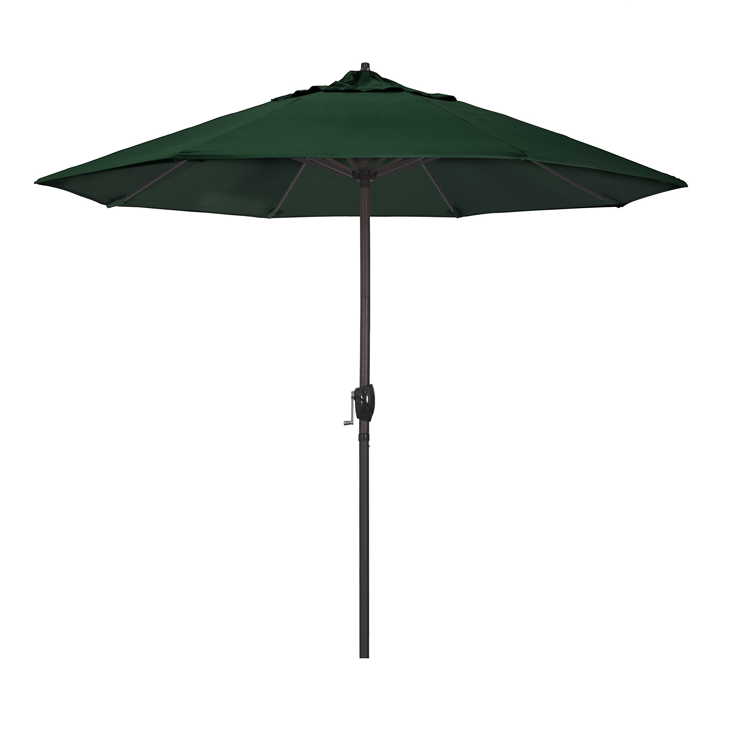 California Umbrella front view showing hunter green canopy and sturdy aluminum pole for reliable shade