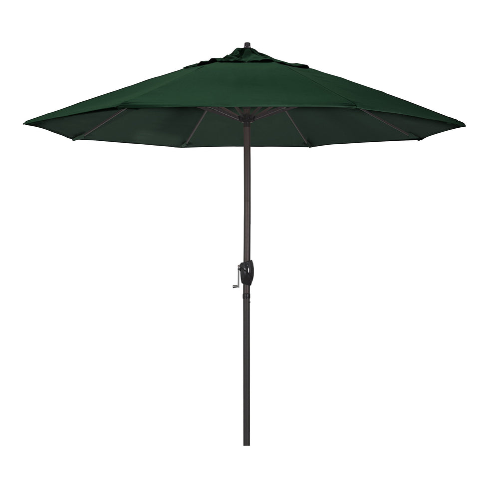 California Umbrella front view showing hunter green canopy and sturdy aluminum pole for reliable shade