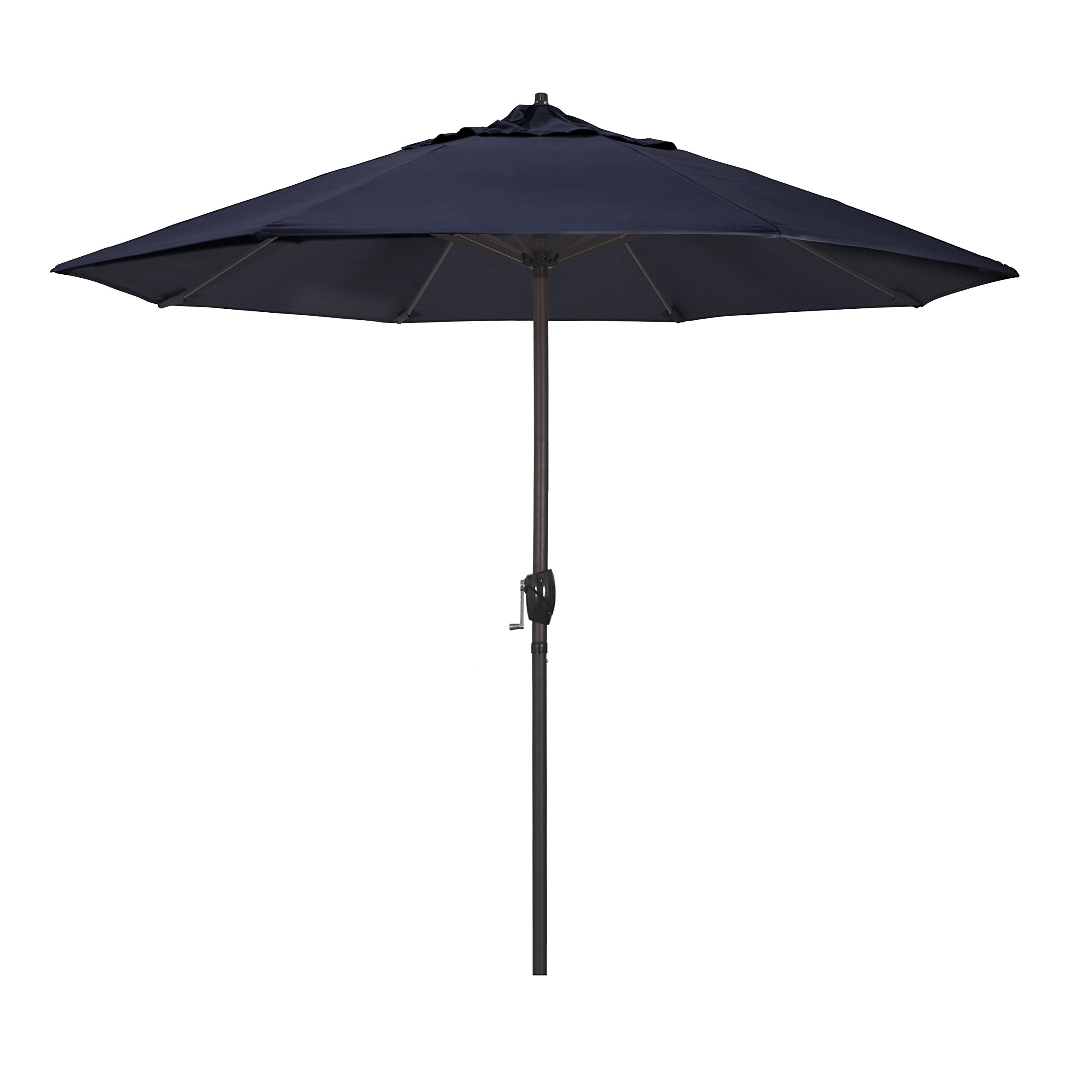 California Umbrella front view of navy 9' patio umbrella showing crank lift and elegant shade