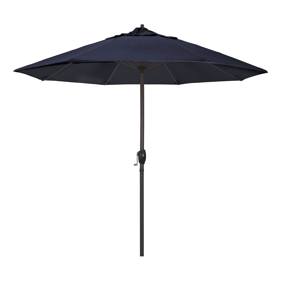 California Umbrella front view of navy 9' patio umbrella showing crank lift and elegant shade