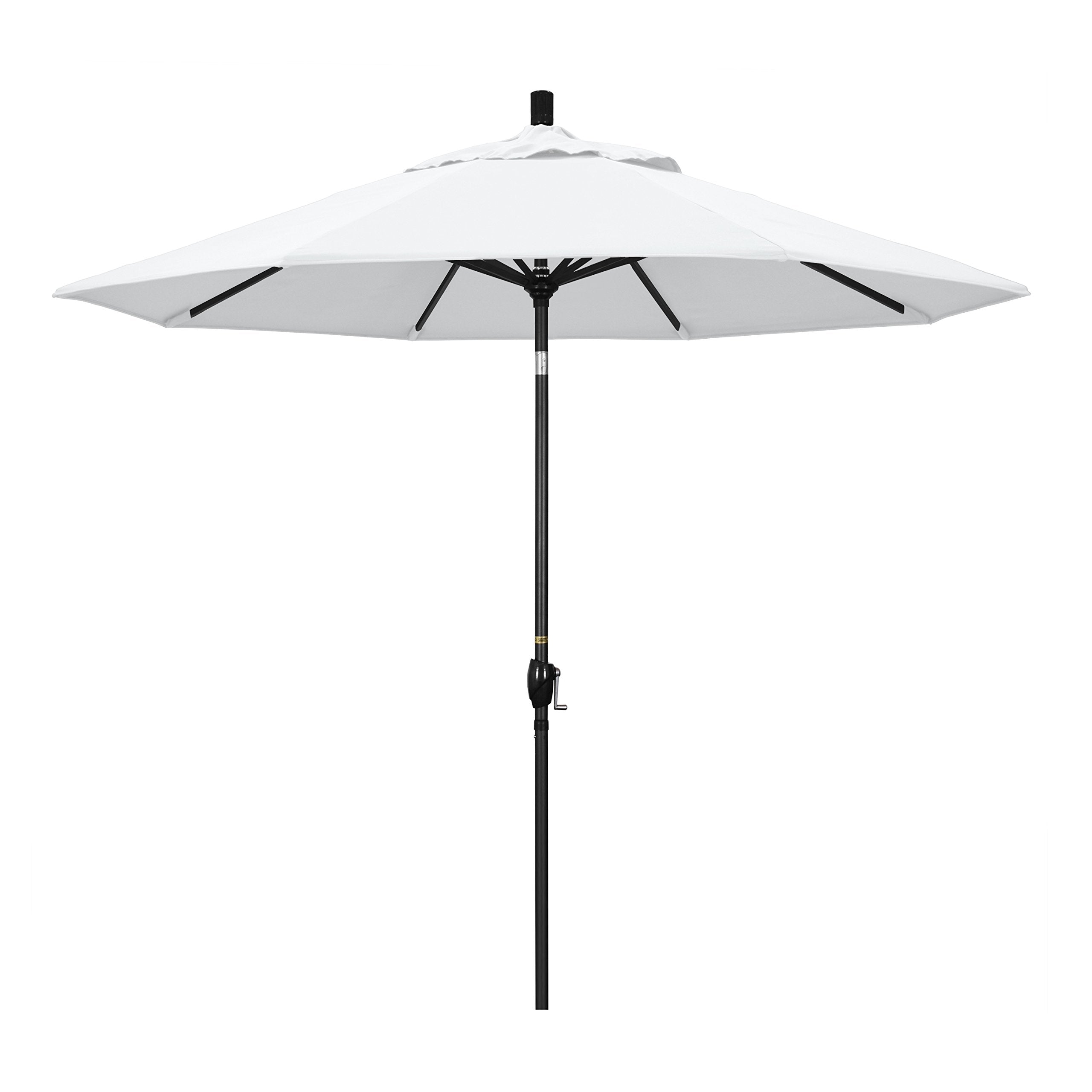 California Umbrella front view with black pole and white olefin canopy offering clean modern shade