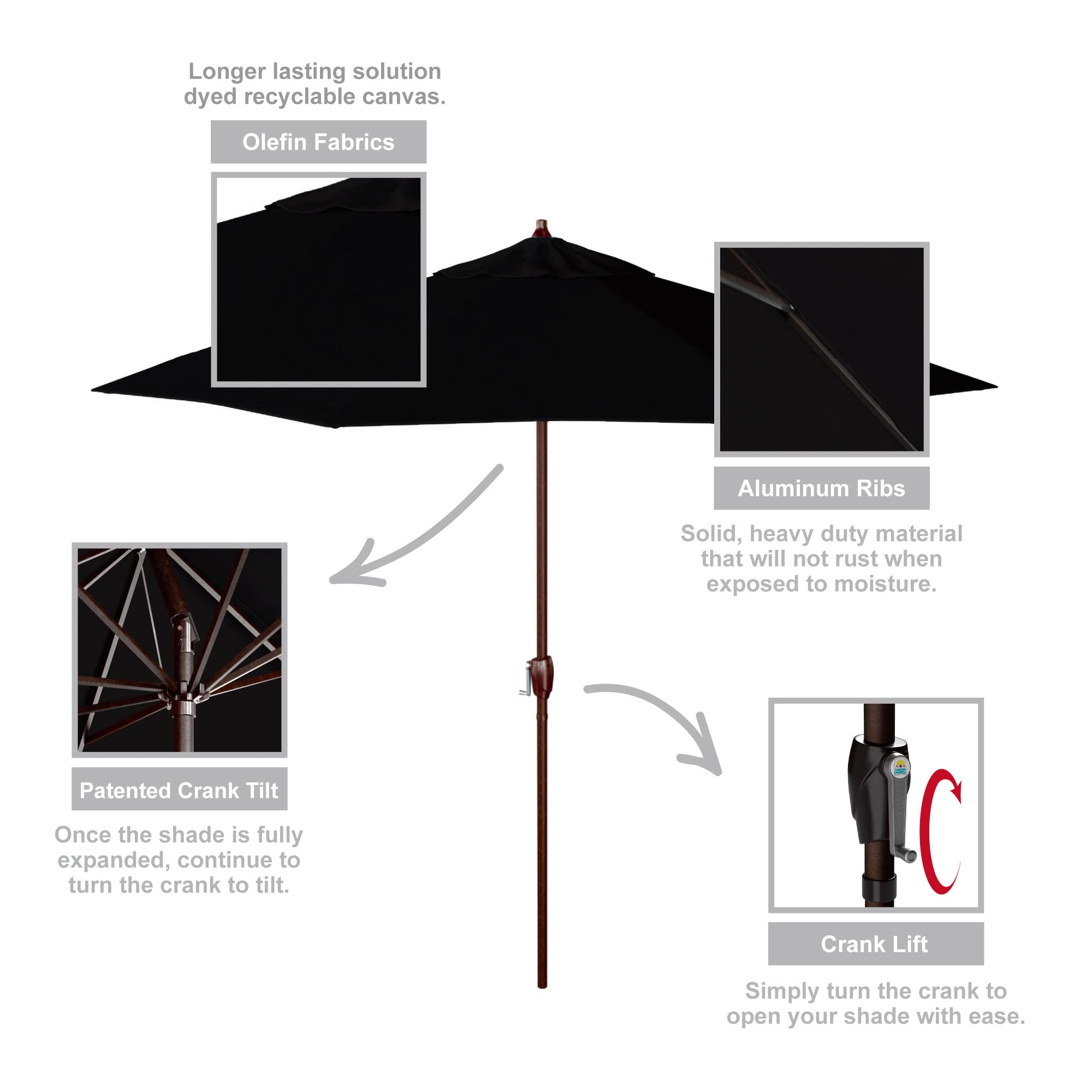 California Umbrella set over deck table in use, adjustable shade for comfort