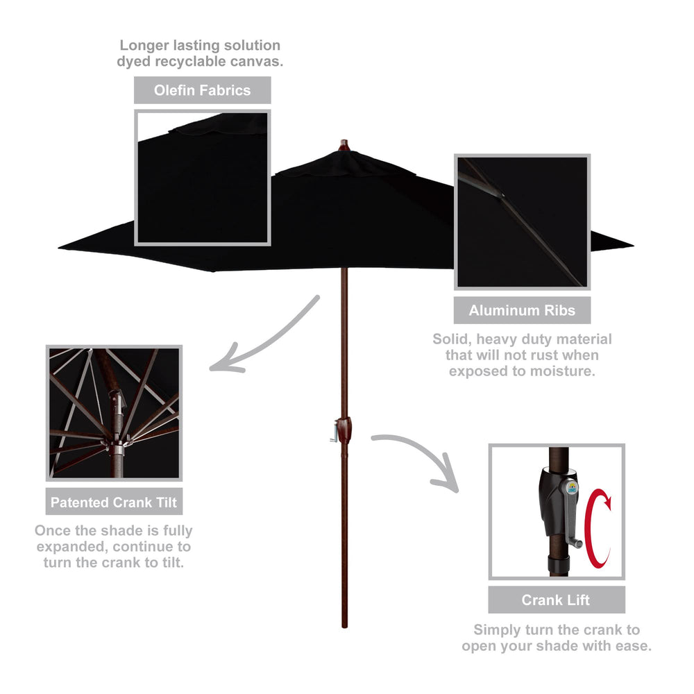 California Umbrella set over deck table in use, adjustable shade for comfort