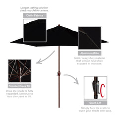 California Umbrella set over deck table in use, adjustable shade for comfort