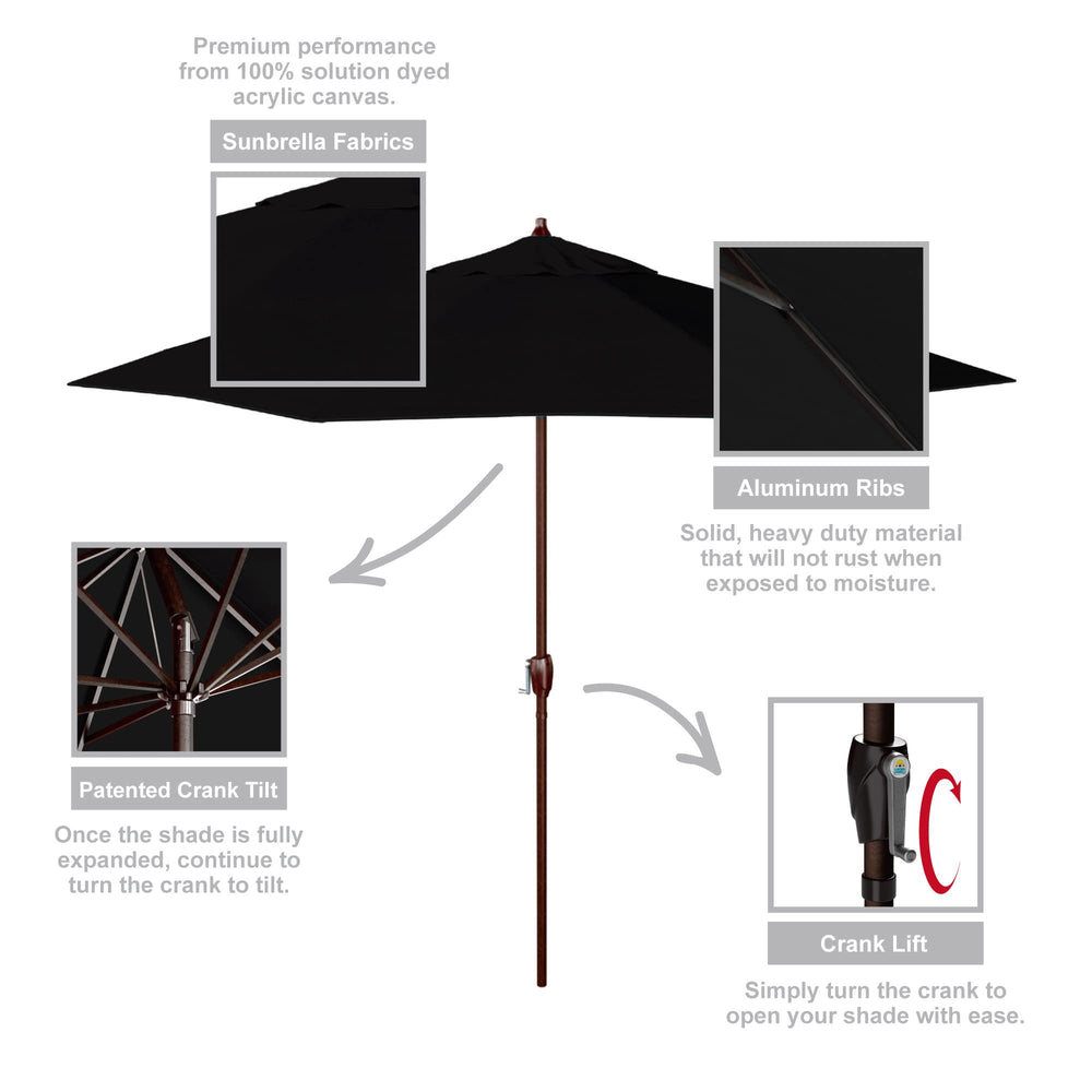 California Umbrella installed on patio next to table, demonstrating shaded outdoor living benefit