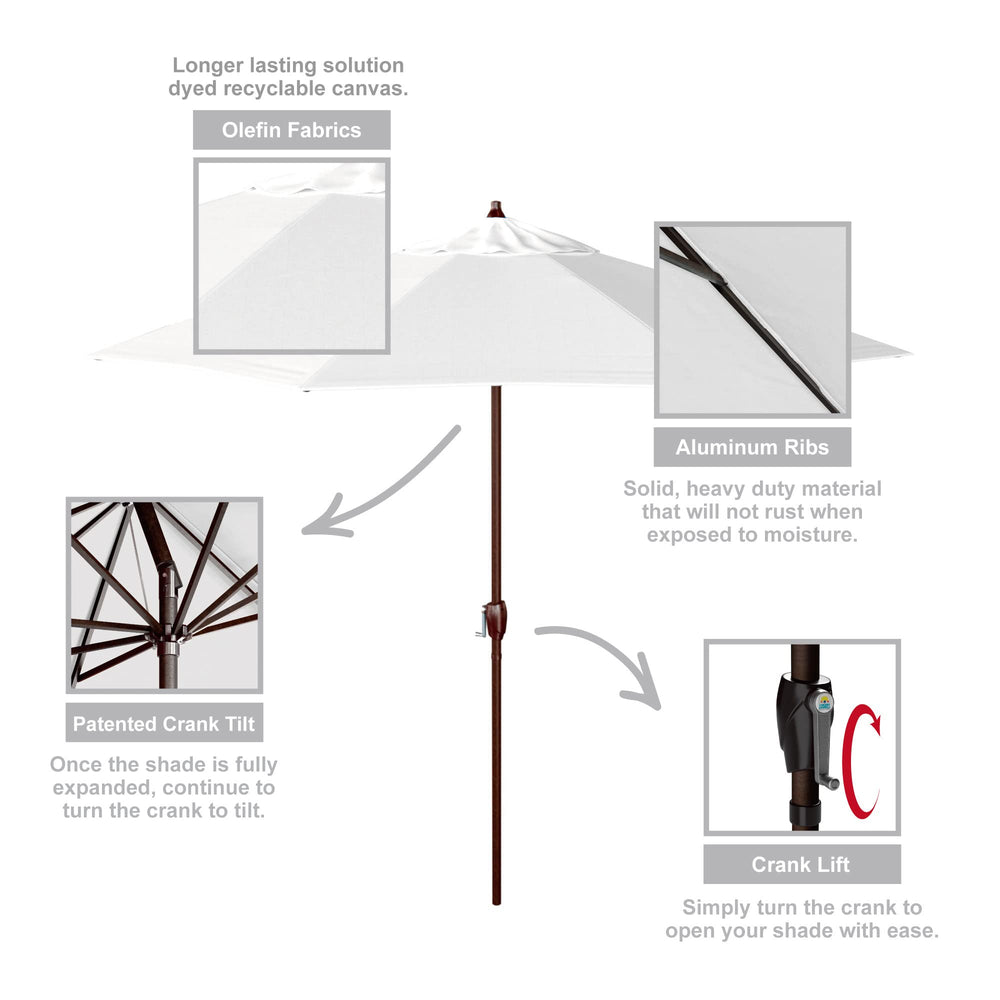 California Umbrella beside chairs for scale showing 9-foot coverage and seating protection benefit
