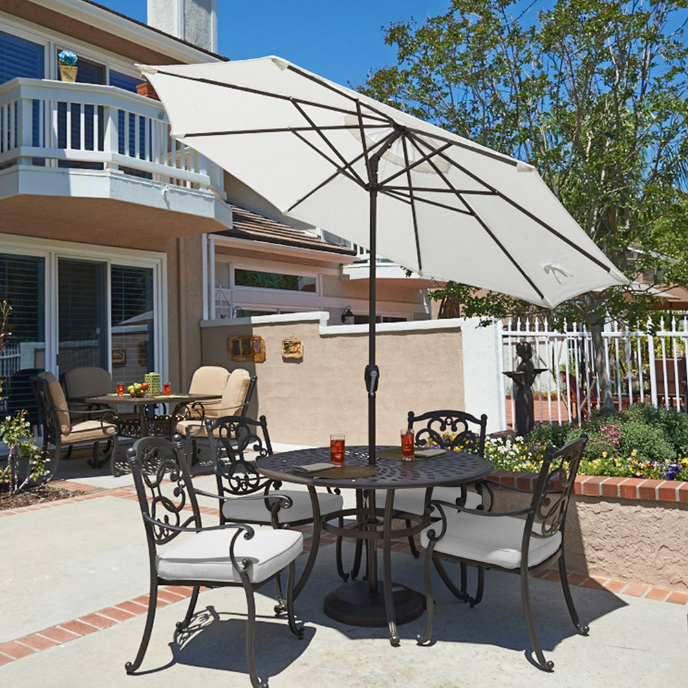 California Umbrella white olefin canopy close-up showing fade-resistant fabric and colorfast benefit