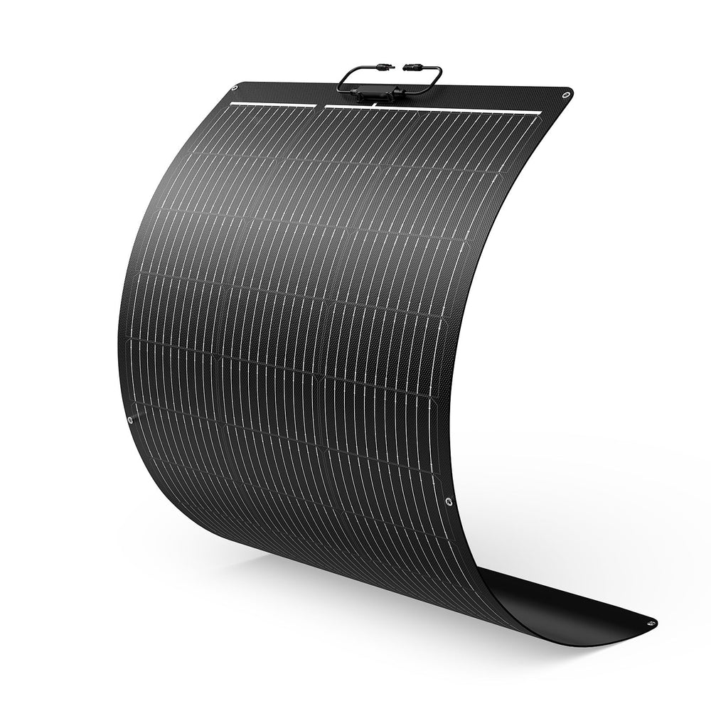 Callsun front view of 100W flexible solar panel showing slim all-black surface and cells for stealth benefits