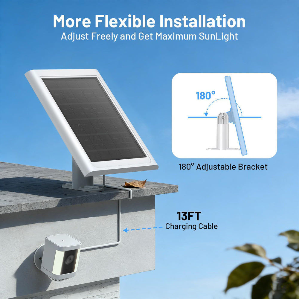CallsSun solar panel mounted on eave providing continuous camera power