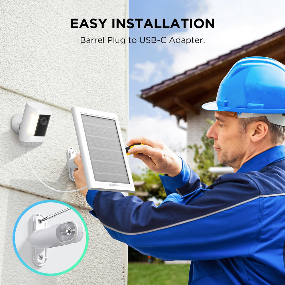 CallsSun panel powering Ring camera in backyard reducing manual recharges