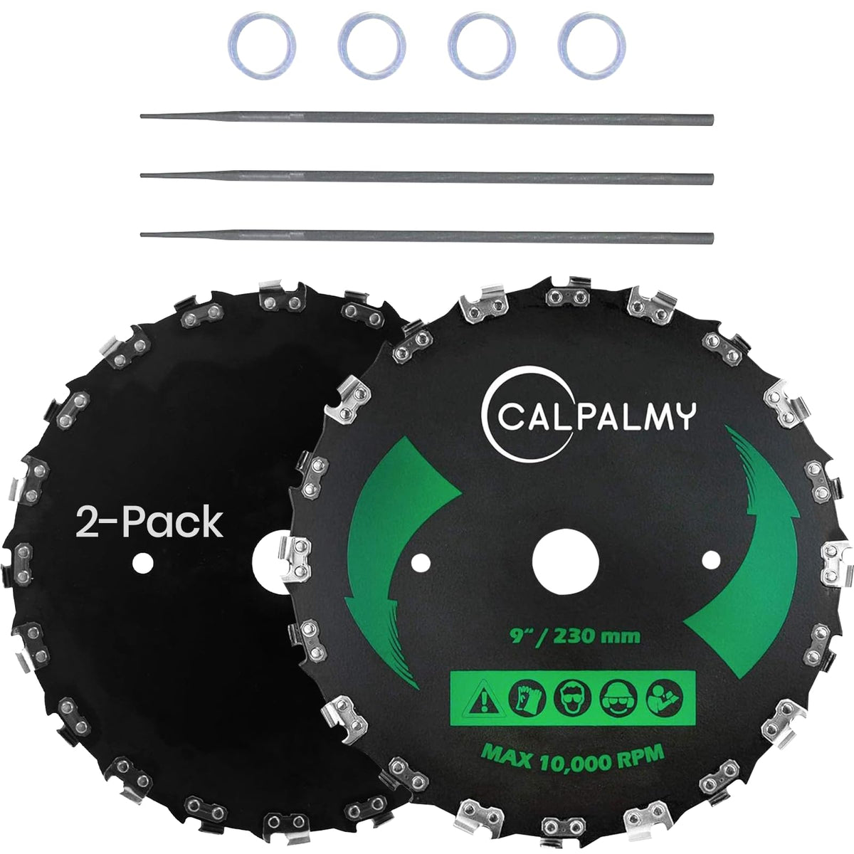 CALPALMY front packaging showing two 9-inch 20T blades and included accessories for quick identification