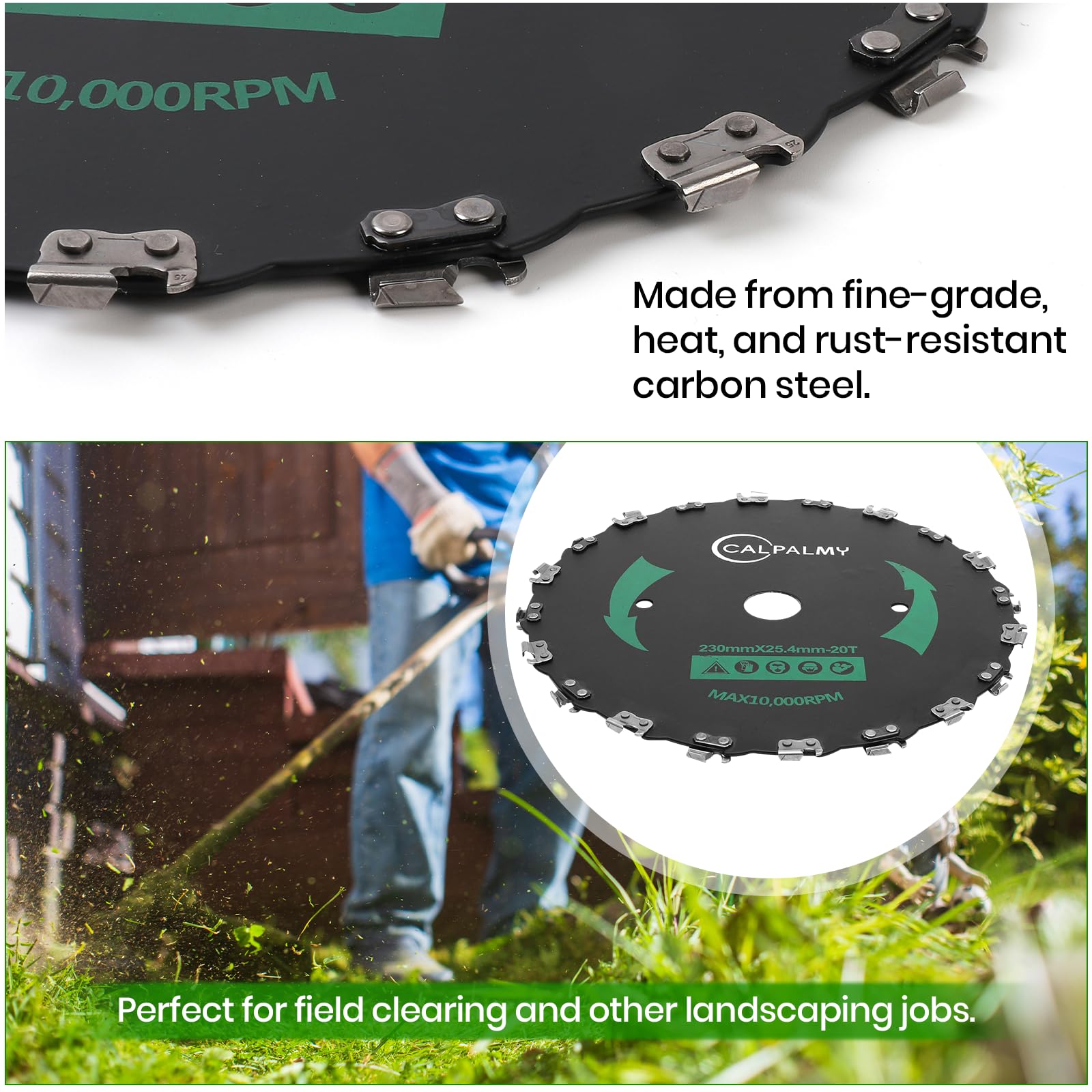 CALPALMY blade mounted on trimmer cutting thick brush for efficient clearing