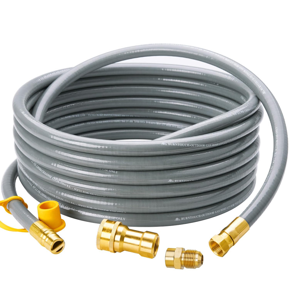 CALPOSE front view of 25ft gas hose showing full length and fittings for durable outdoor use
