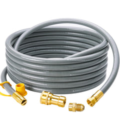 CALPOSE front view of 25ft gas hose showing full length and fittings for durable outdoor use