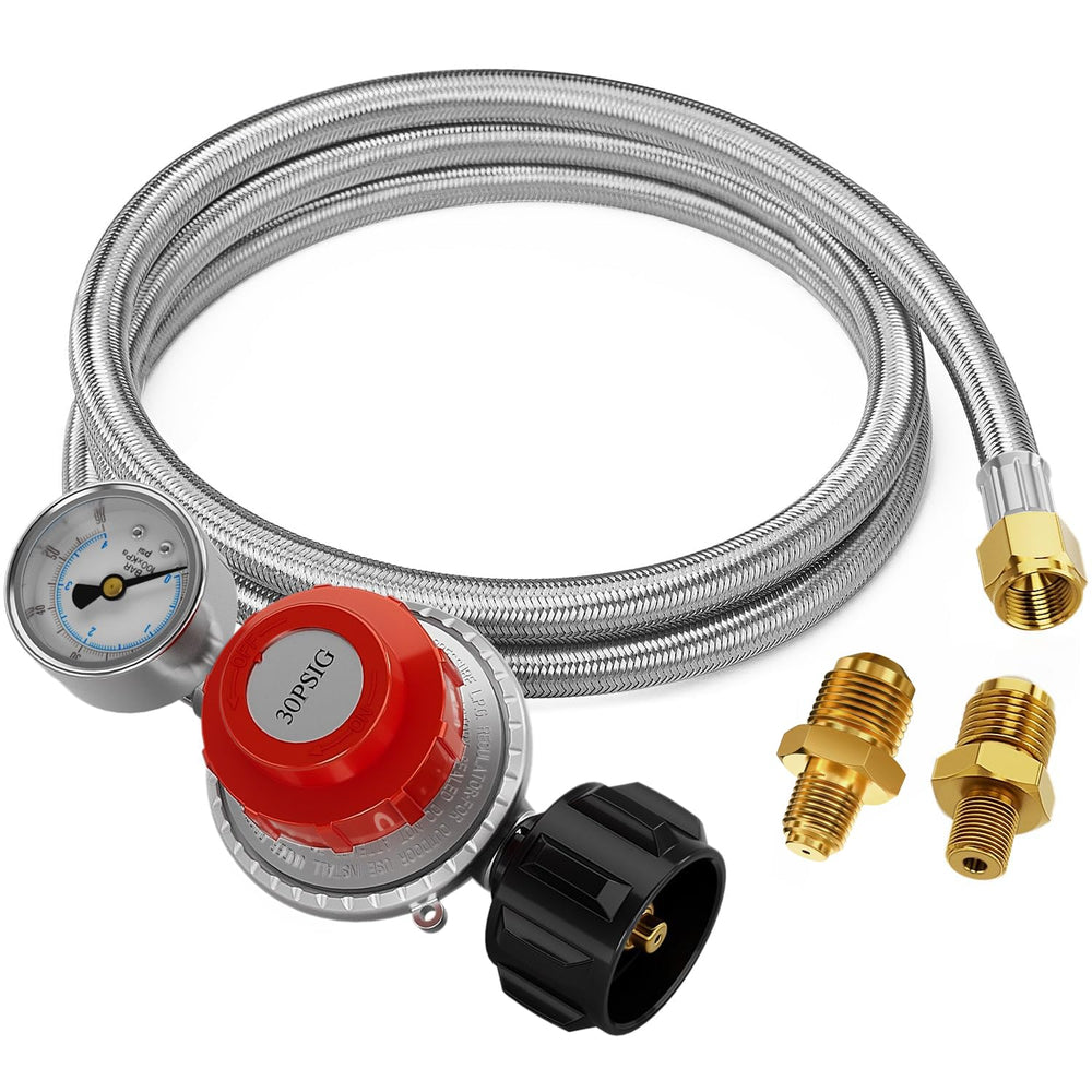 CALPOSE front view of regulator hose assembly showing complete unit and gauge for reliable use