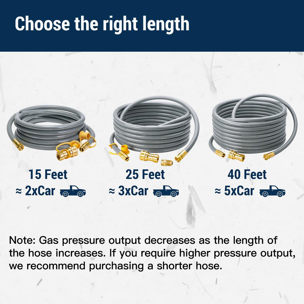CALPOSE hose next to measuring tape showing 25ft length for extended reach to supply source