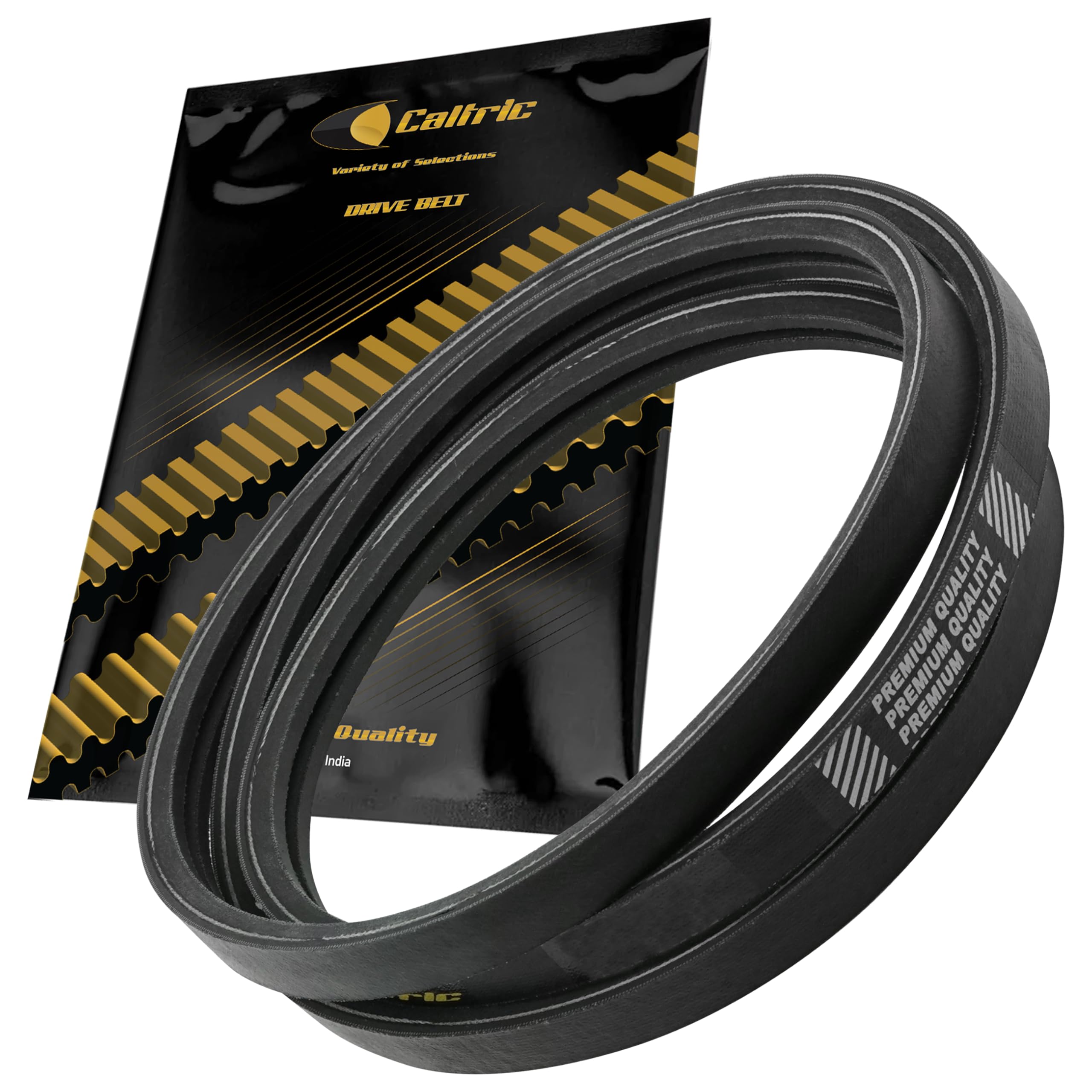Caltric front view of belt packaging showing product and compatibility benefits