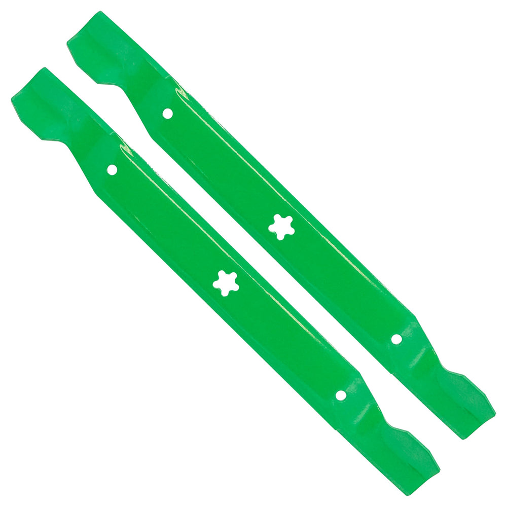 Caltric blades installed on mower deck demonstrating reduced vibration and smooth cut