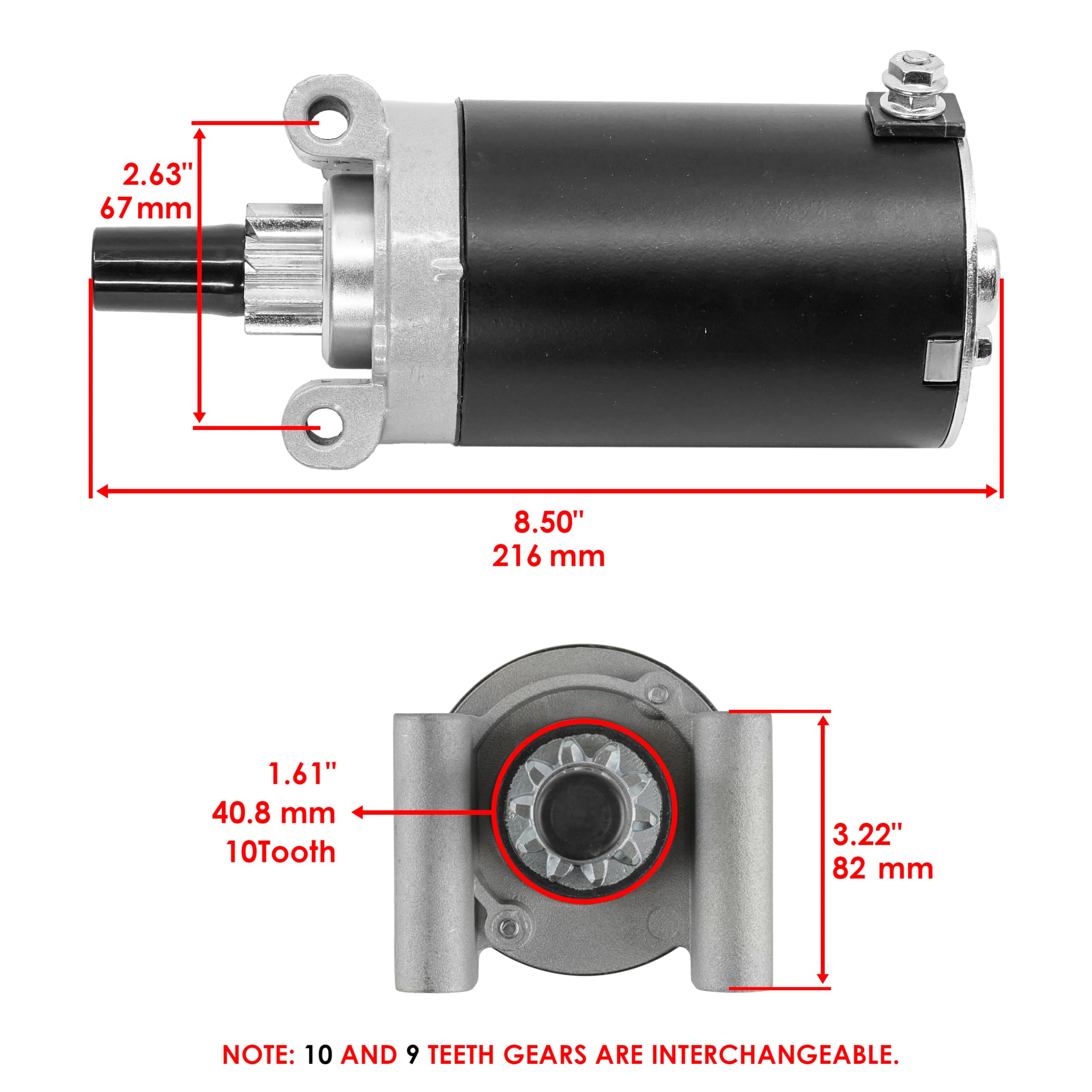 Caltric starter close-up of 9-teeth pinion highlighting drive engagement