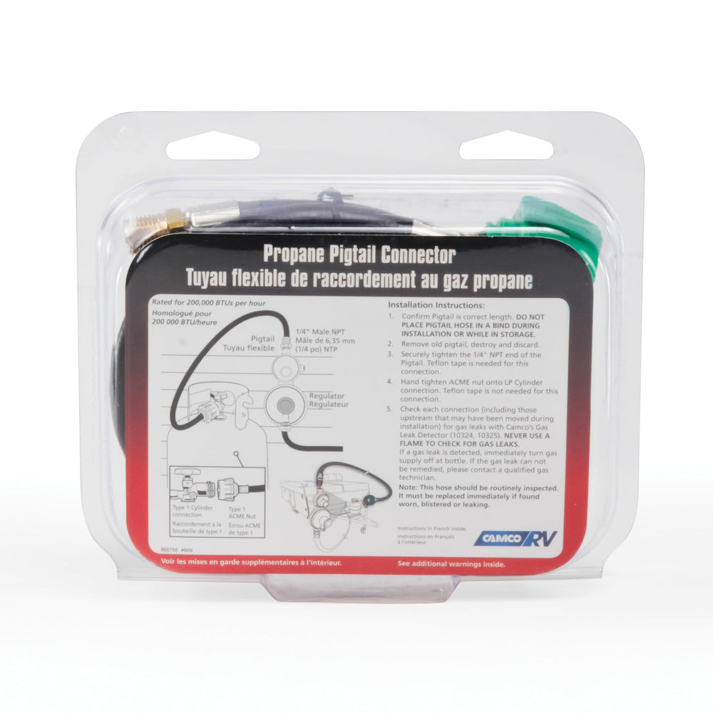 Camco 59843 installed on RV regulator showing safe, compact propane hookup benefit