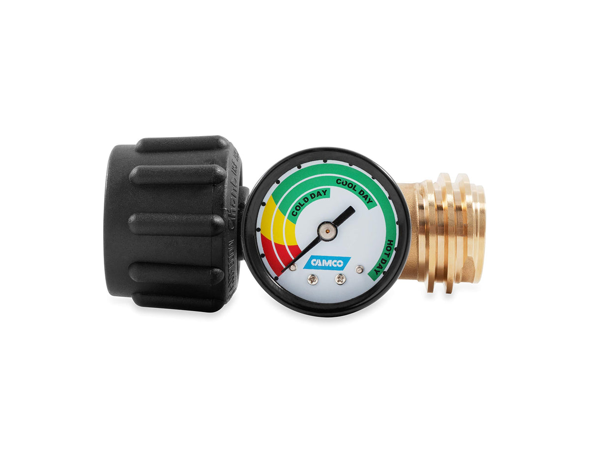 Camco front view of gauge showing Type 1 fitting and easy-read display for safety