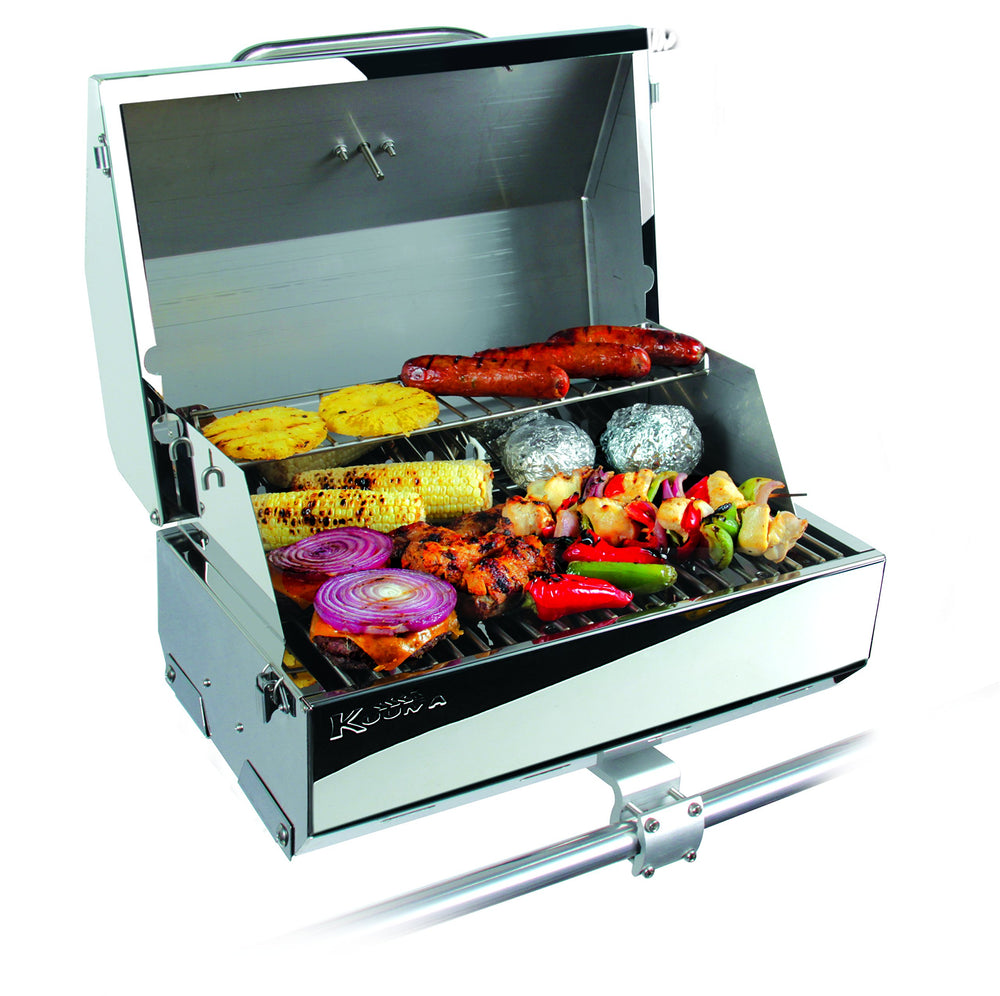 Camco Kuuma open grill cooking surface demonstrating ample 216 sq in area