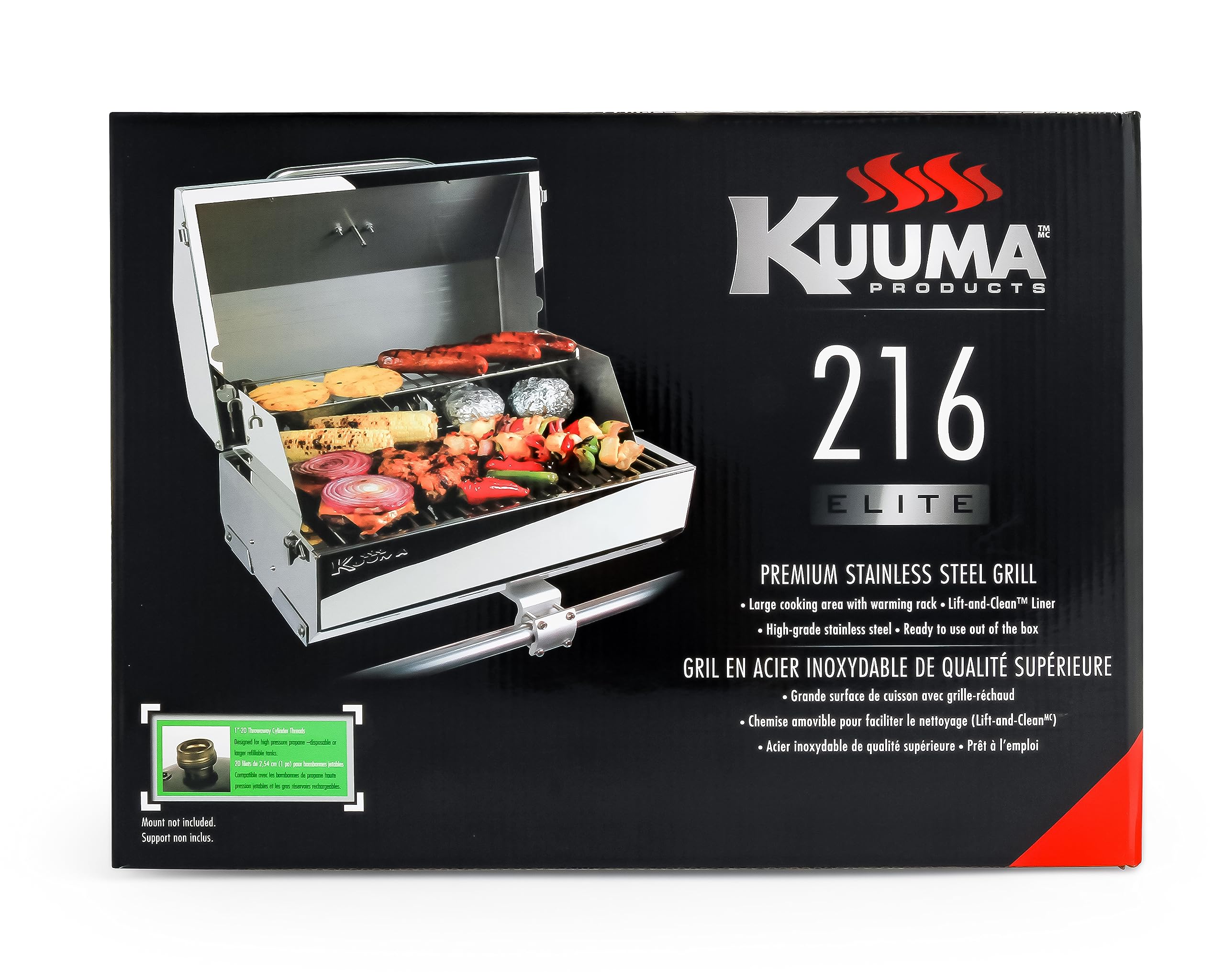Camco Kuuma with propane bottle and ruler showing portable 21 lb scale