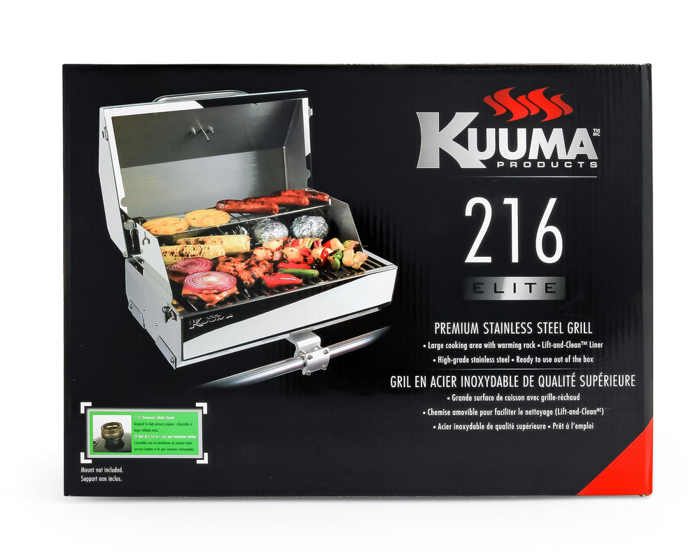 Camco Kuuma with propane bottle and ruler showing portable 21 lb scale