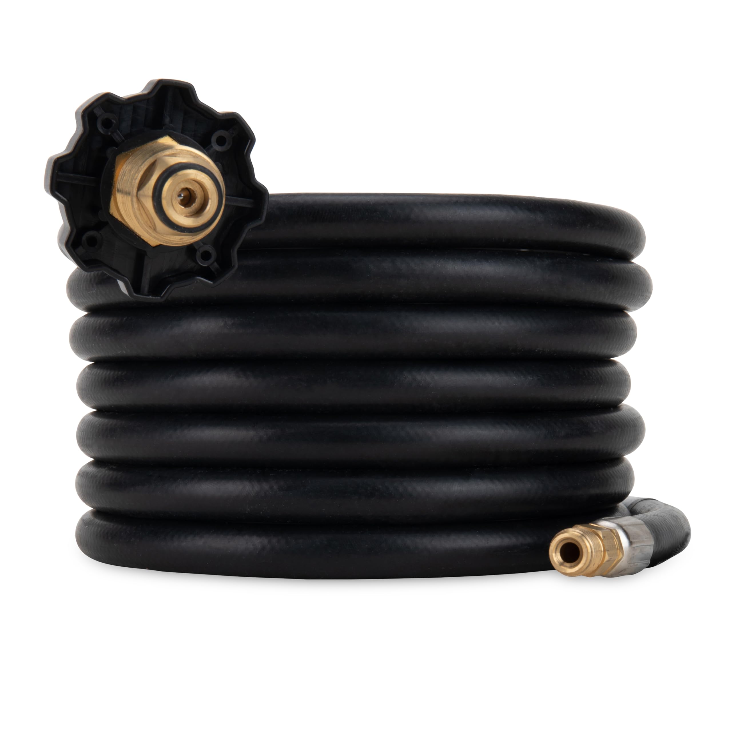 Camco Olympian front packaging showing hose and features for safer hookups
