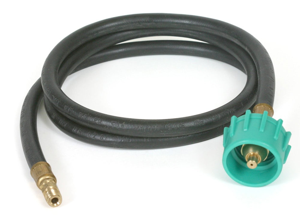 Camco pigtail front view showing full hose and fittings, ensures secure connection