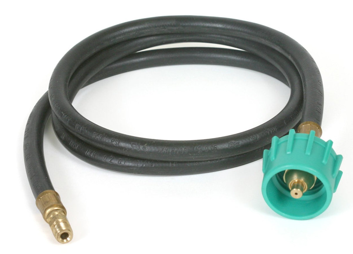 Camco pigtail front view showing full hose and fittings, ensures secure connection