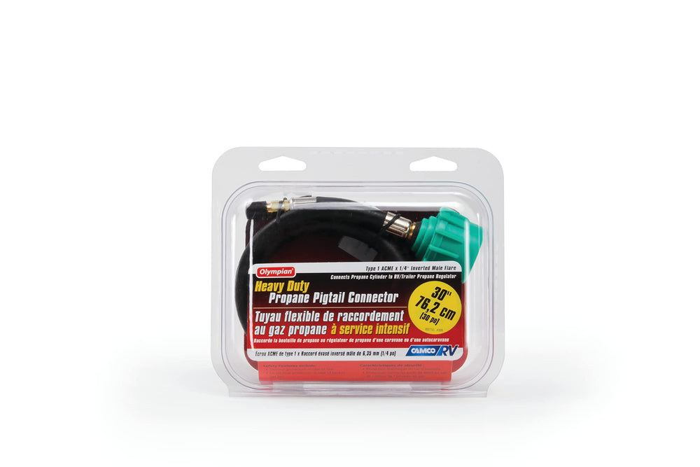 Camco pigtail connected between propane cylinder and RV regulator for easy setup