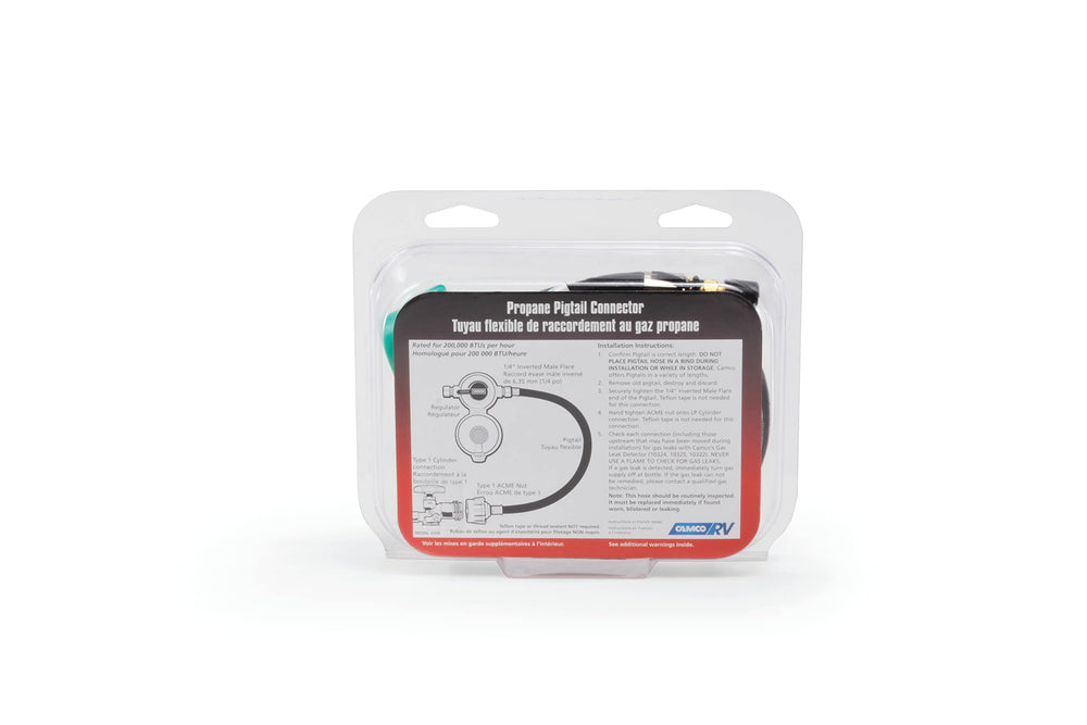Camco hose beside 20 lb propane tank showing 30-inch length for flexible positioning